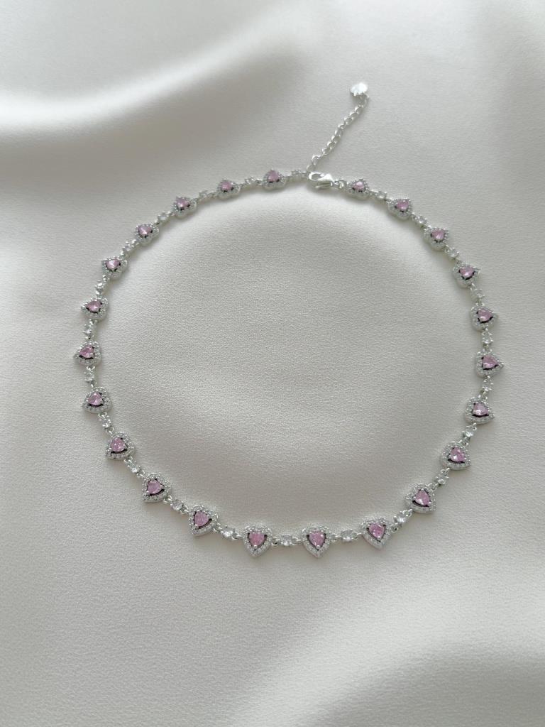 Çok Kalpli Pembe Taşlı Choker Kolye-VIP