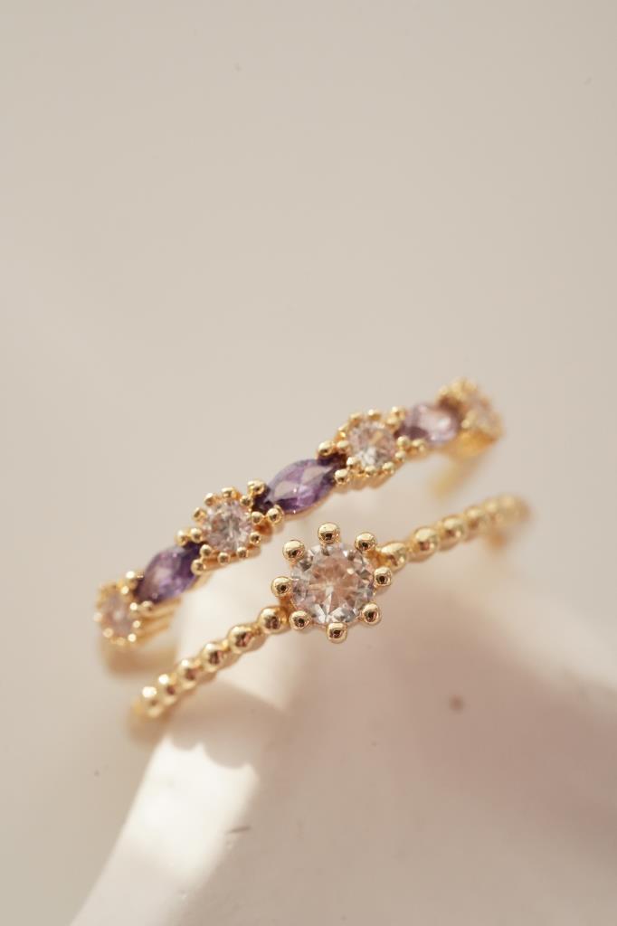 Ayarlanabilir Zarif Mor Taşlı Çift Sıralı İkili Yüzük