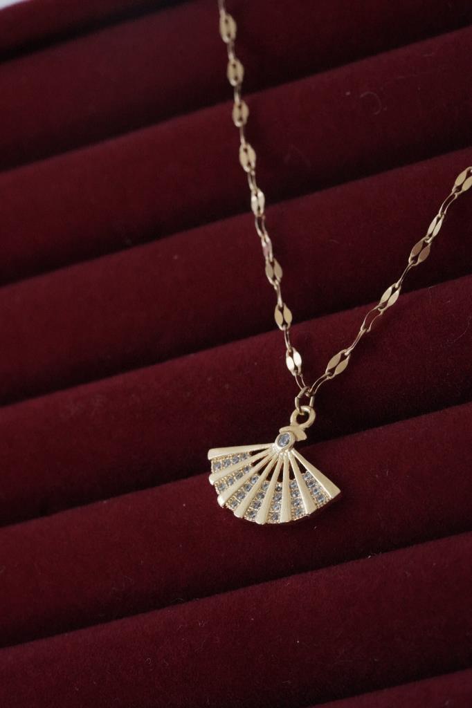 Paslanmaz Çelik Minimal Vintage Taşlı Yelpaze Kolye