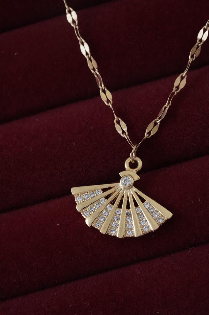 Paslanmaz Çelik Minimal Vintage Taşlı Yelpaze Kolye