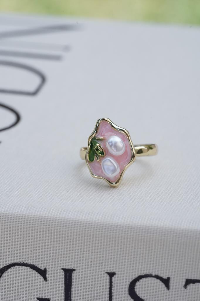 İncili Pembe Mineli Ayarlanabilir Yüzük