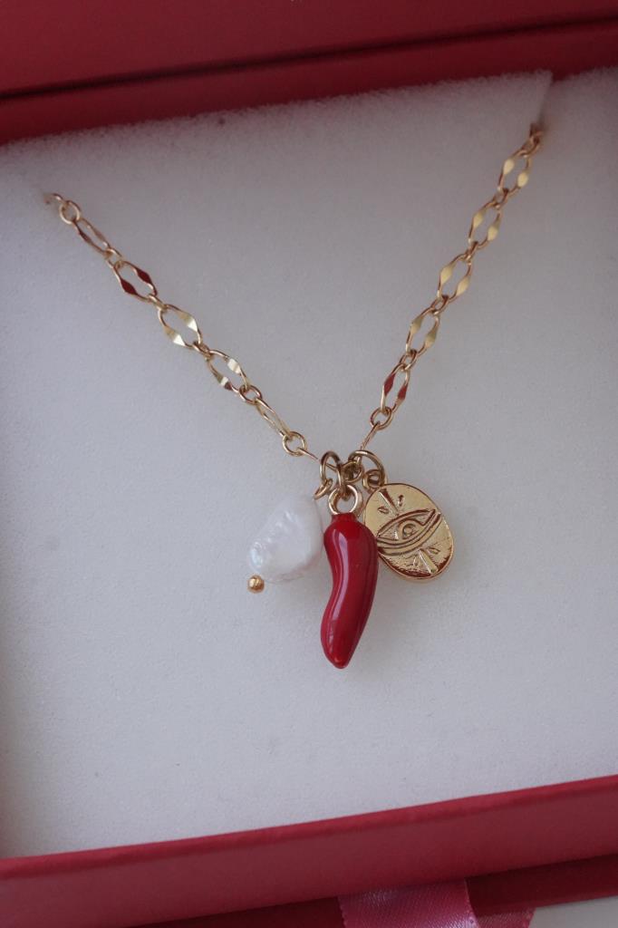 Paslamaz Çelik Tatlı Su İncili Kırmızı Şans Biberli Charm Kolye