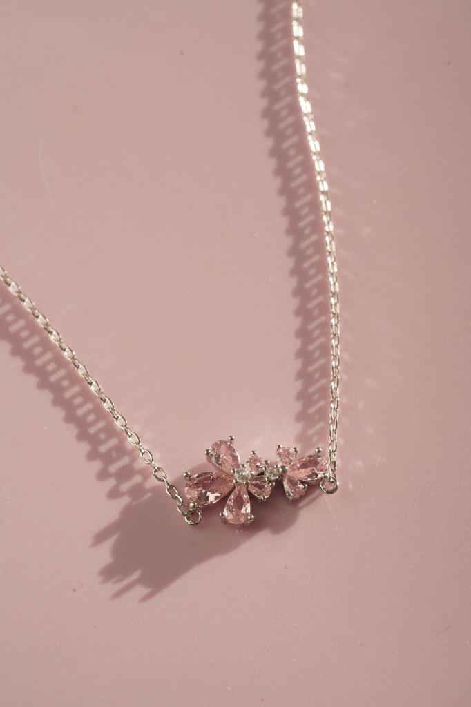 Pembe Taşlı Çiçek Kolye -925 Ayar Gümüş