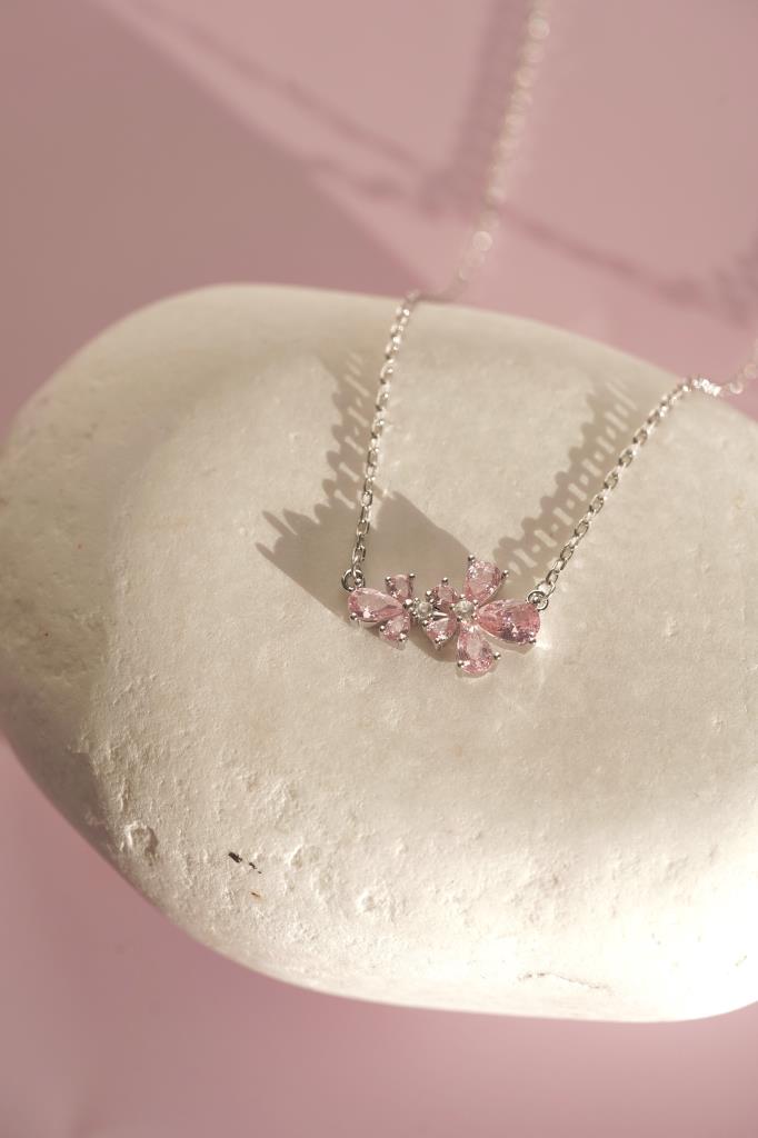 Pembe Taşlı Çiçek Kolye -925 Ayar Gümüş