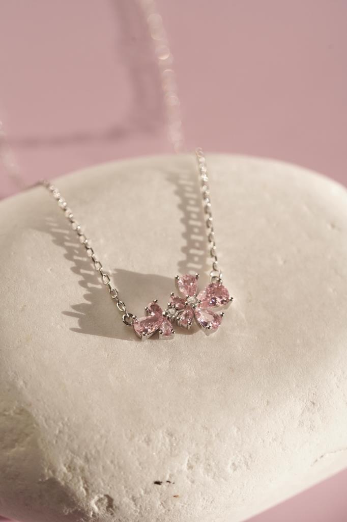 Pembe Taşlı Çiçek Kolye -925 Ayar Gümüş