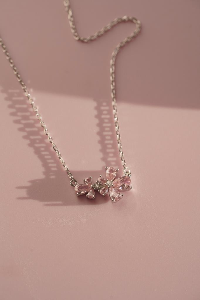 Pembe Taşlı Çiçek Kolye -925 Ayar Gümüş