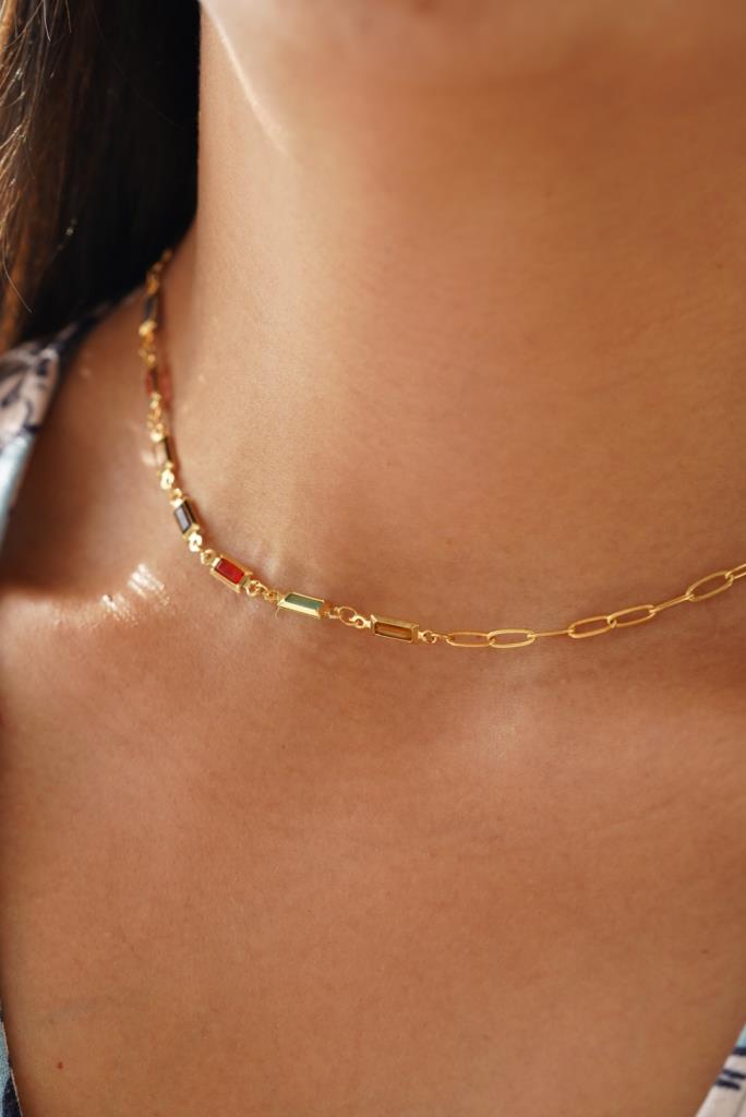 Renkli Baget Taşlı Zincir Choker Kolye