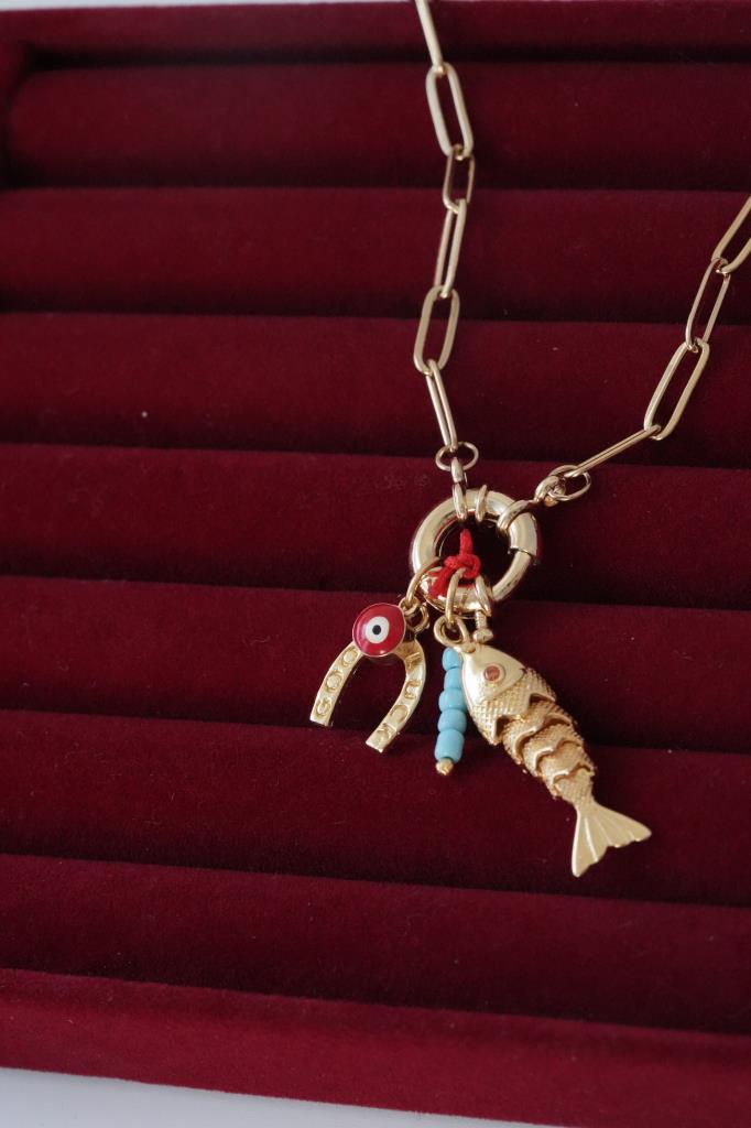 Paslanmaz Çelik Denizci Kilidi Detaylı Balık, Nal ve Nazar Boncuklu Şans Charm Kolye