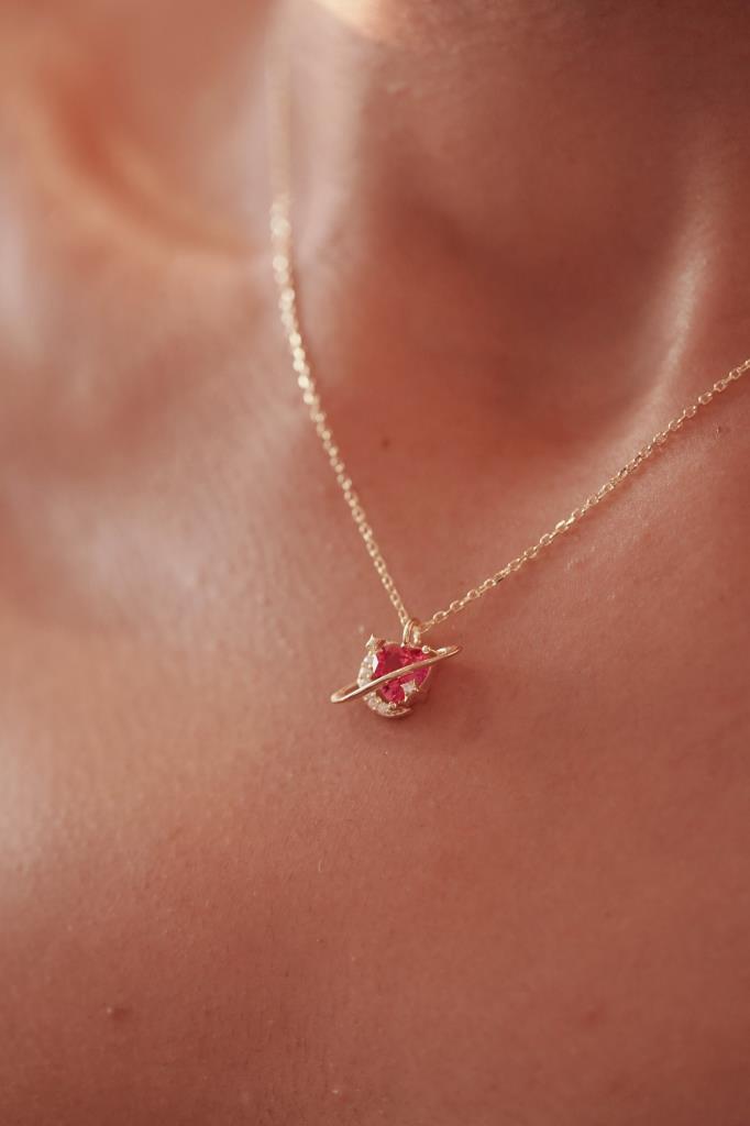 Pembe Kalpli Saturn Kolye -925 Ayar Gümüş