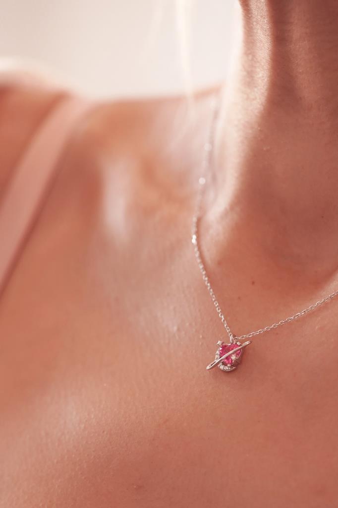 Pembe Kalpli Saturn Kolye -925 Ayar Gümüş