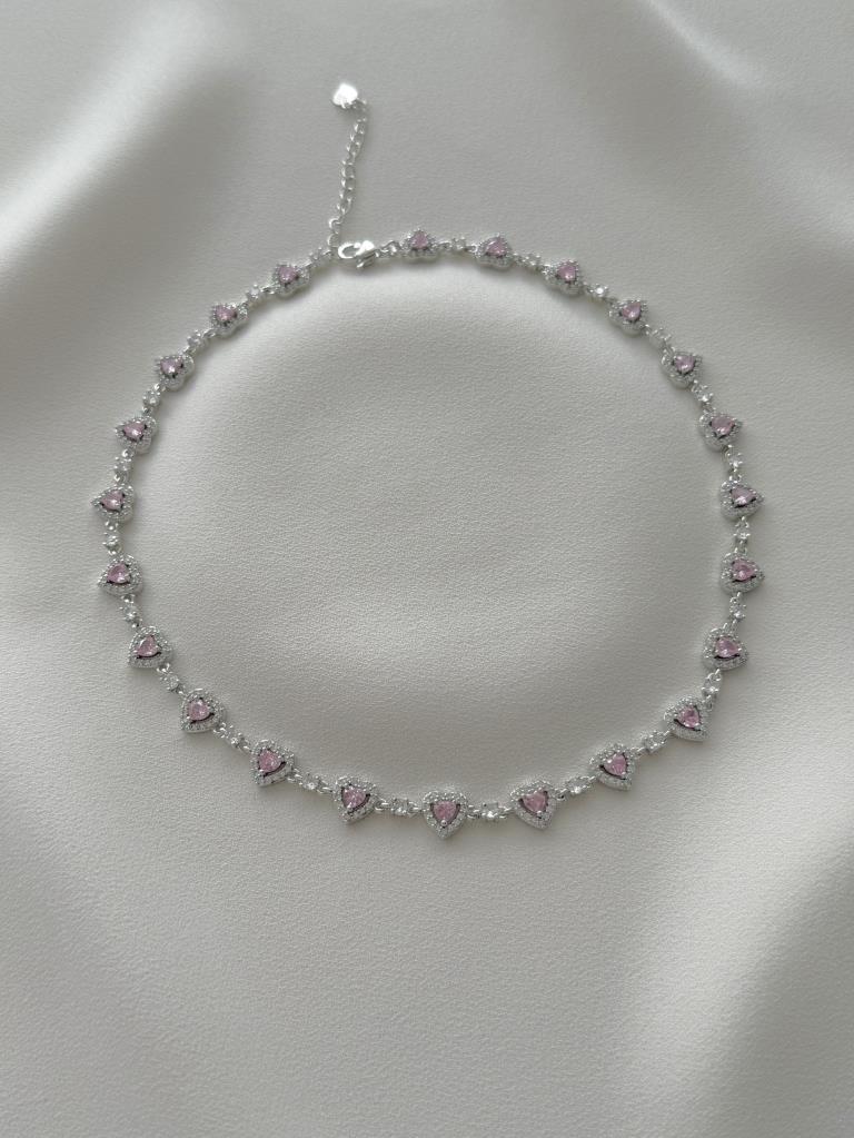 Çok Kalpli Pembe Taşlı Choker Kolye-VIP