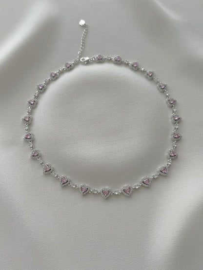 Çok Kalpli Pembe Taşlı Choker Kolye-VIP