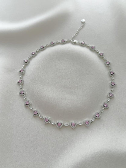 Çok Kalpli Pembe Taşlı Choker Kolye-VIP