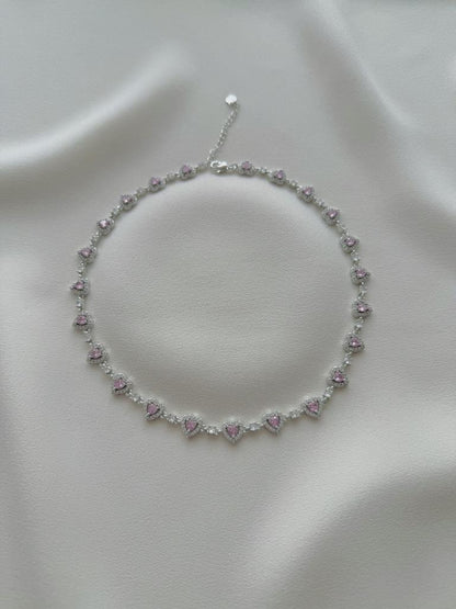 Çok Kalpli Pembe Taşlı Choker Kolye-VIP