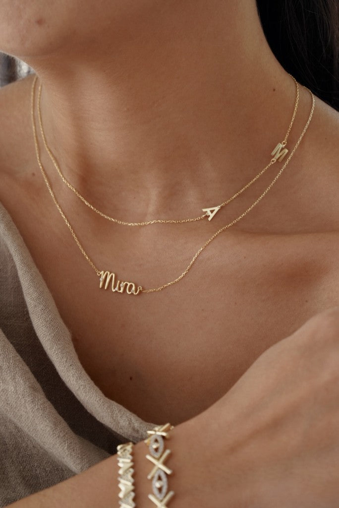 Mini Taşlı Pave İsim Kolye - 925 Ayar Gümüş