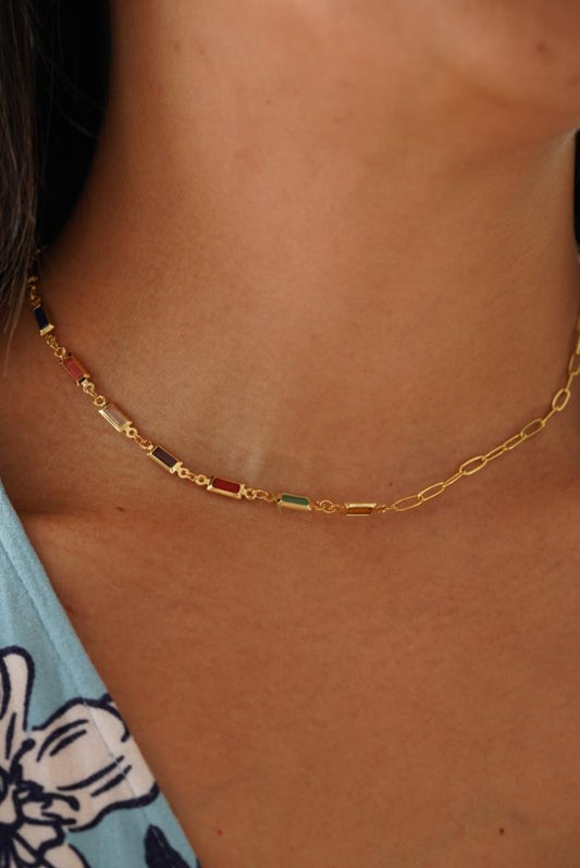 Renkli Baget Taşlı Zincir Choker Kolye
