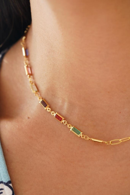 Renkli Baget Taşlı Zincir Choker Kolye
