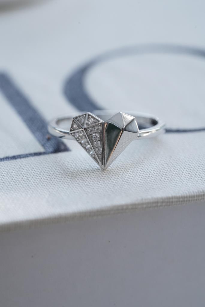Taşlı Geometrik Kalp Yüzük - 925 Ayar Gümüş