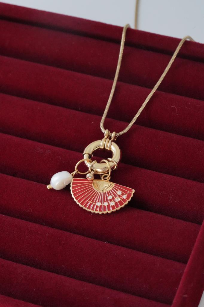 Paslanmaz Çelik Denizci Kilidi Detaylı Vintage Kırmızı İncili Yelpaze Charm Kolye