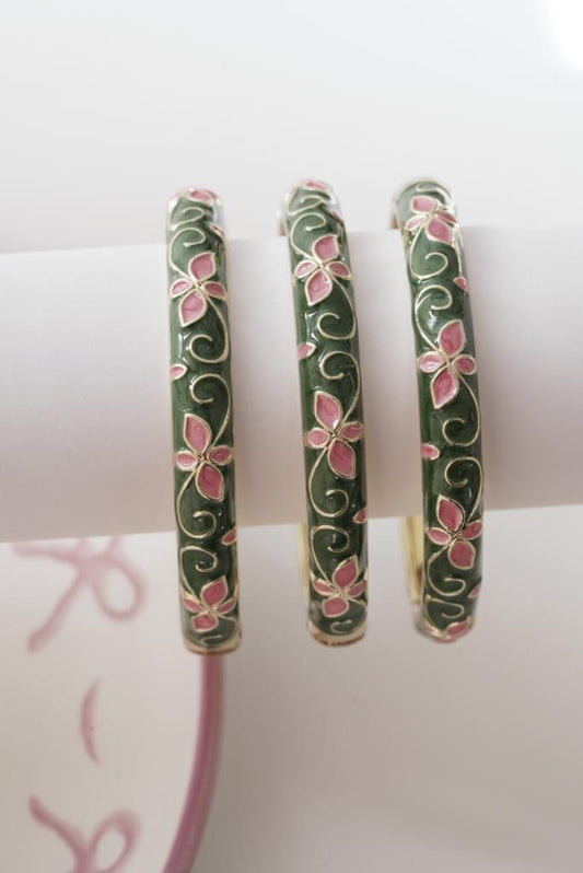 Pembe Çiçekli Yeşil Mineli Kelepçe Bileklik